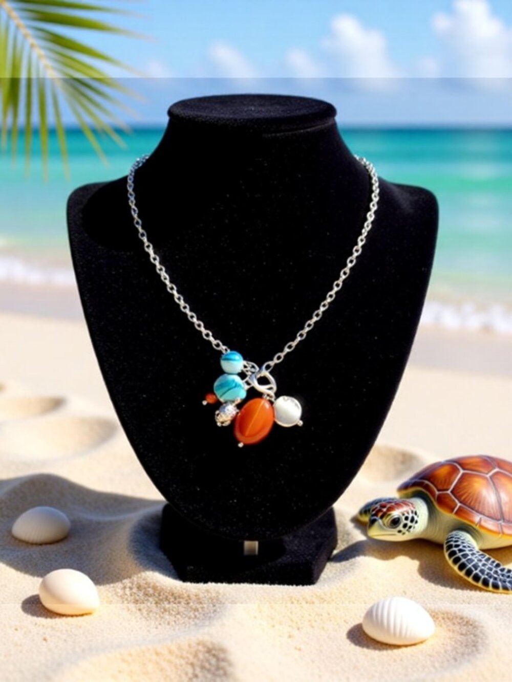 Sea Turtle Cluster Necklace! Aqua & Sunset Orange! Agate + Shell Beach Jewelry